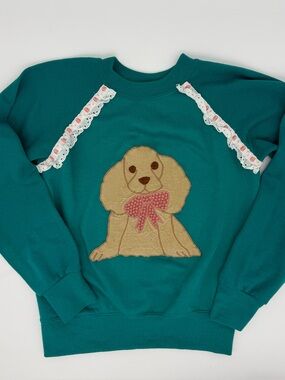 Vintage Ocean Pacific OP Kids Puppy Dog Sweatshirt Large Teal Green Lace 80s